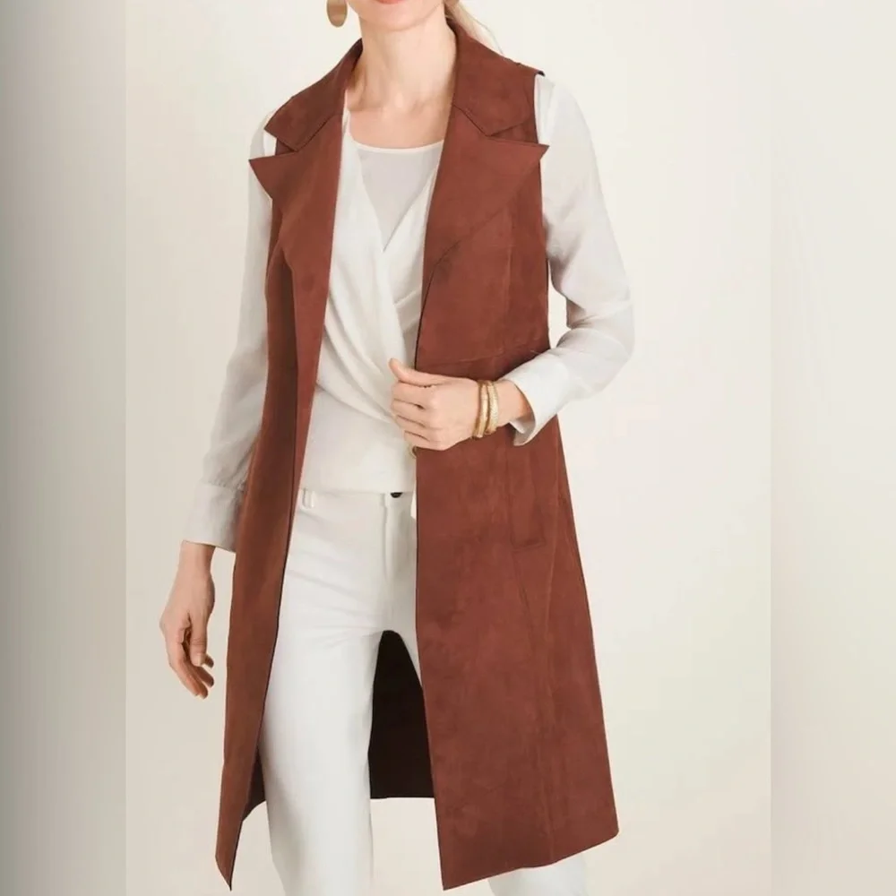 CHICO ELONGATED VEST WOMEN SIZE  8/10 BROWN FAUX SUEDE - Picture 2 of 14